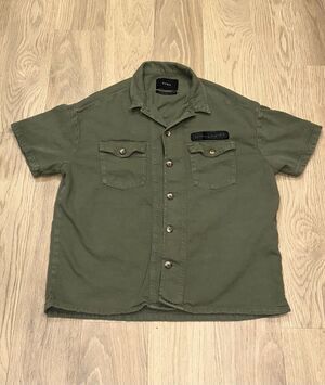 Zara Mens L Heavy Denim Military Army Coordinates Button Up Short Sleeve Shirt